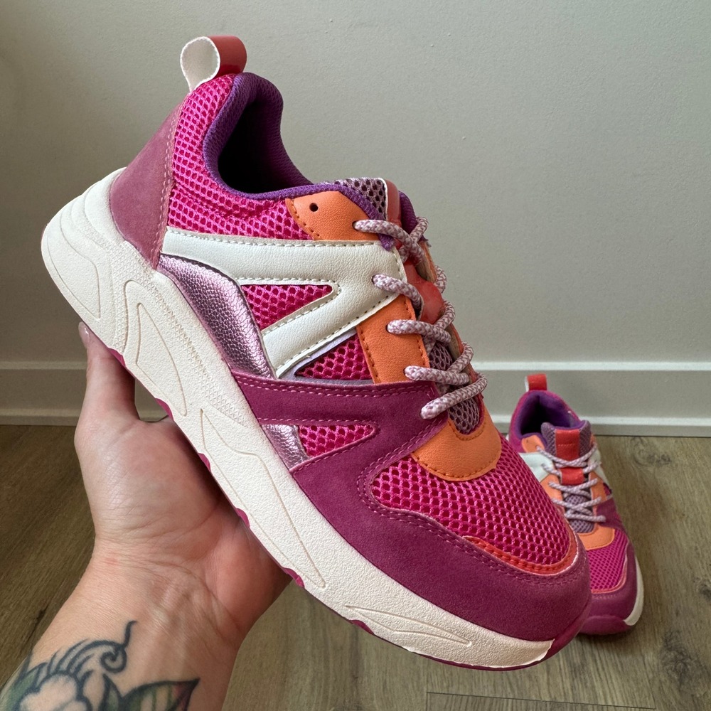 Lucky Step Womens Chunky Platform Sneakers Fuchsia Orange Mesh Lace Up Size 8